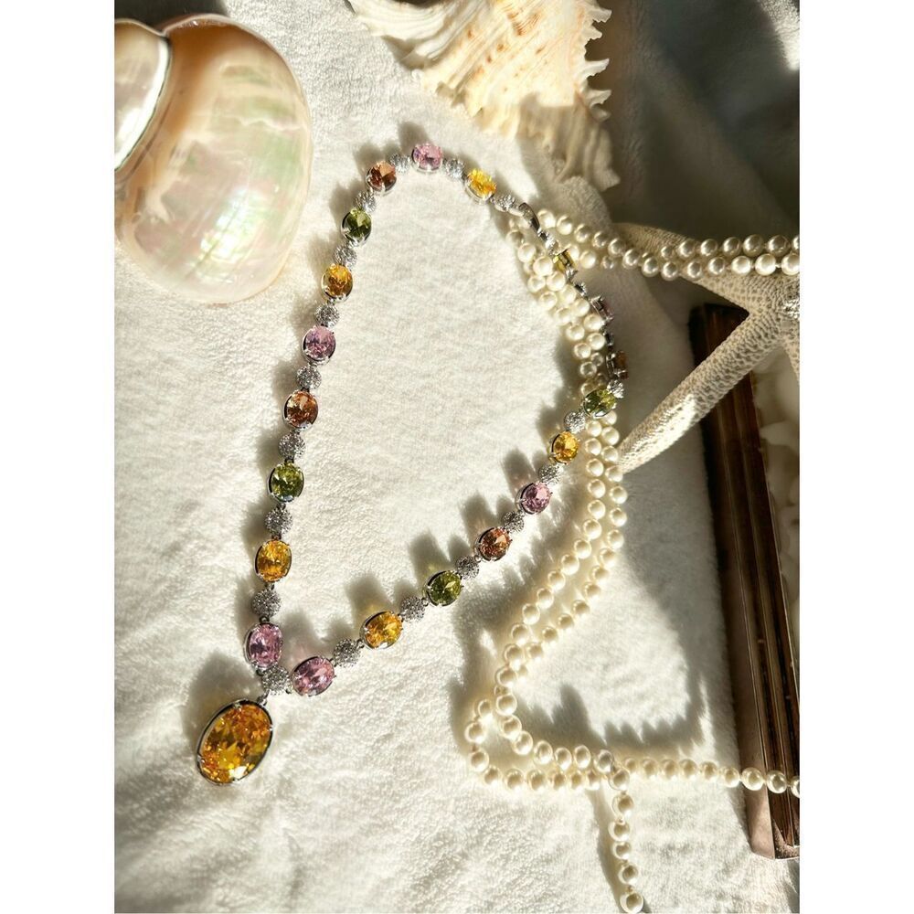 Gorgeous oval canary and multicolor cubic zirconia statement necklace  - Picture 1 of 12